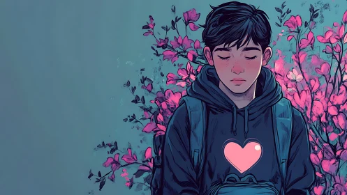 Boy in hoodie with heart icon amid pink flowering plants.