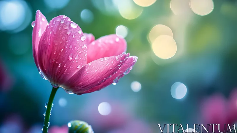 Magenta Tulip With Hyperrealistic Water Droplets Under Natural Bokeh.