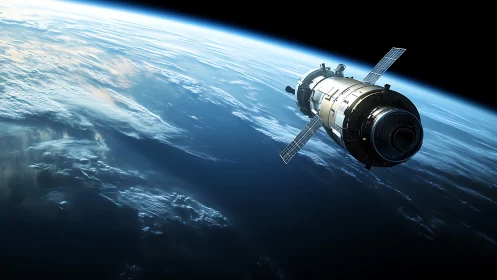 Orbital service module over sunlit Earth limb, high inclination.