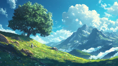 Atmospheric perspective landscape with lone tree and figures.