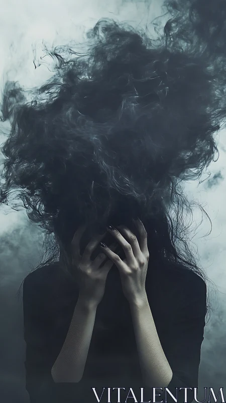 Dark smoke erupts from anguished figure&rsquo;s obscured head.