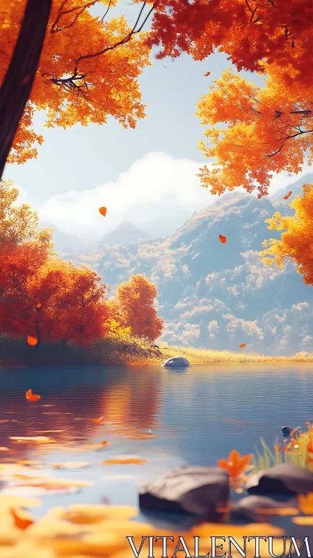 Autumn trees surround calm mountain lake under clear sky