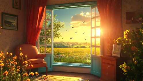 Sunlit interior opens onto a glowing wildflower field at dusk