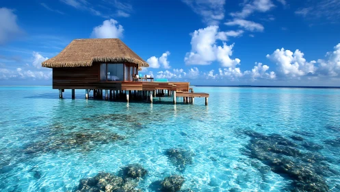 Overwater bungalow on clear tropical lagoon under clouds.