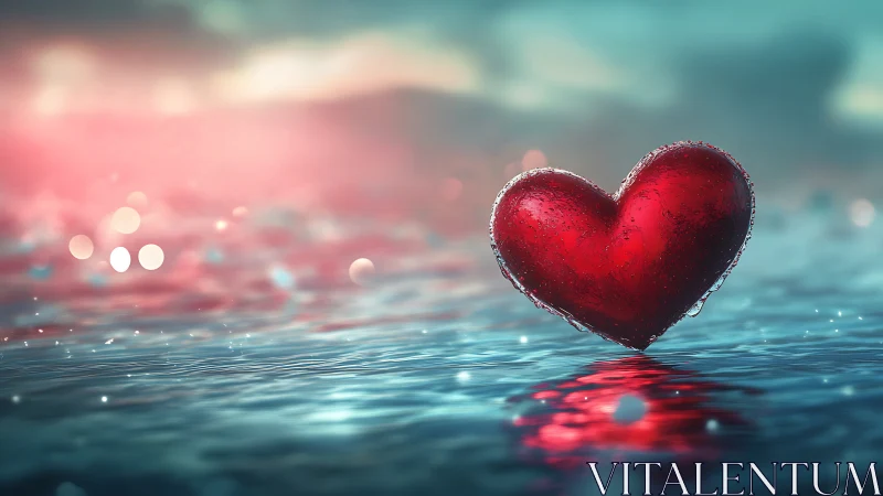 Luminous Red Heart Floating on Crystalline Water Surface