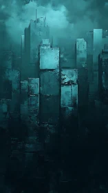 Vertical teal-toned cityscape shows abstract block structures