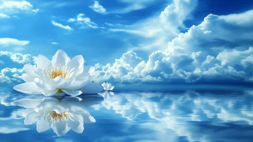 Lotus drifts through a sky-mirrored sea of bright clouds