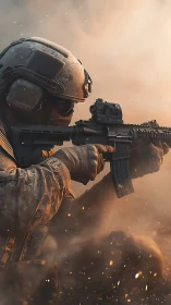 Battle-ready soldier steadies rifle through swirling embers.