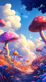 Gentle sunrise stroll through a dreamy mushroom forest.