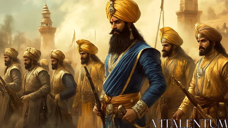 Regal Sikh warriors stand united in golden morning light