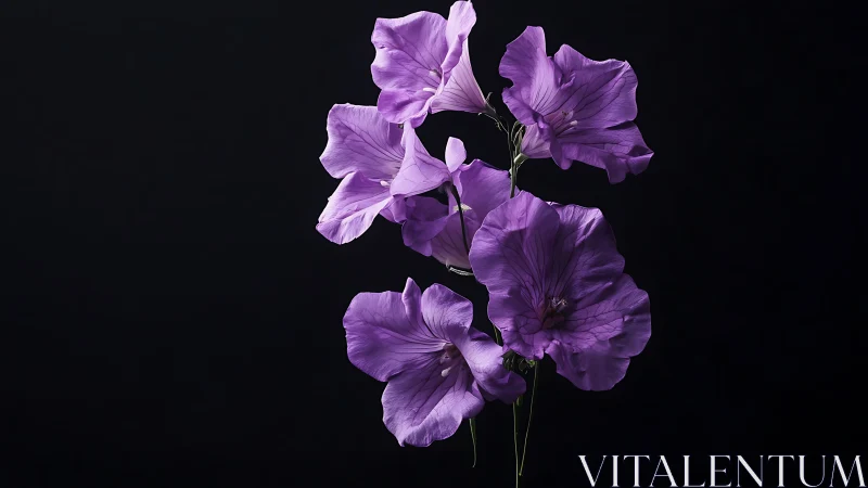 Purple Sweet Pea Flowers in Studio Lighting Against Black Background.