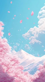 Cherry blossoms drift above serene snowy mountain peaks.