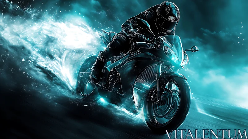 Motorcyclist on sport bike in cyan smoke and motion blur.