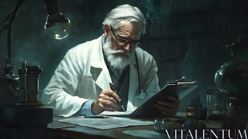 Elderly scientist studies research notes in dim lab.