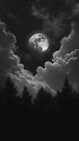 High-contrast lunar landscape framed by silhouetted conifer forest