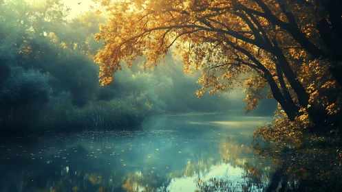 Golden forest river glows softly in enchanted morning light