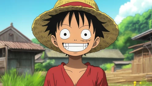Smiling straw hat anime boy in rustic village setting.