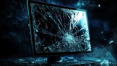 Shattered computer monitor glows with electric blue fractures.