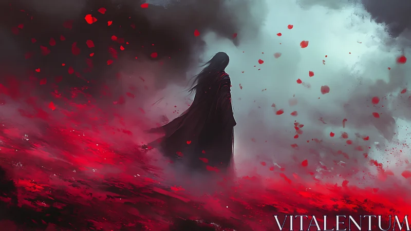 Lone cloaked figure walks through red storm of petals