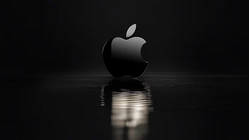 Glossy black apple logo centered on dark reflective water.