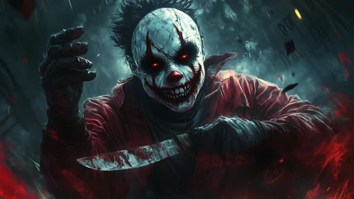 Masked figure with bloodstained knife in smoky environment.