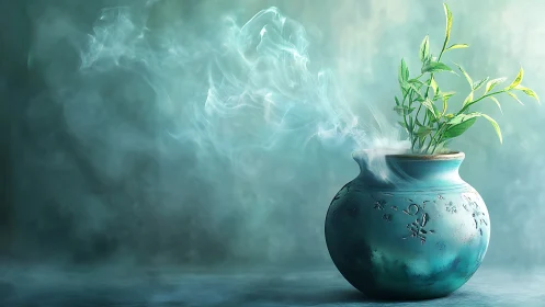 Soft teal incense pot sends gentle smoke around fresh leaves