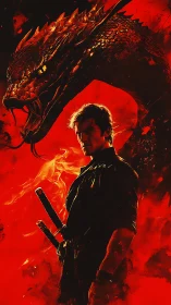 Human figure with swords before large dragon silhouette.