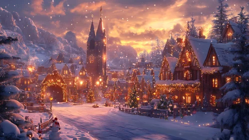 Snowy Christmas village glows with warm festive lights at dusk.