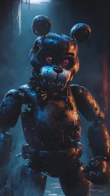 Rust-bitten robot bear waits under cold warehouse spotlight
