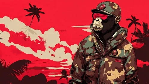 Anthropomorphic primate in camouflage observes stylized coast