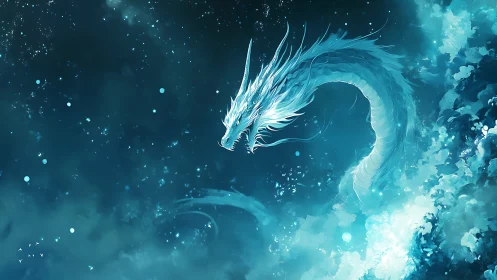 Celestial ice dragon coiling through luminous nebula skies.