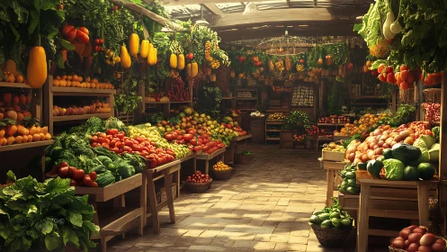 Sunlit market stall overflows with vibrant fresh produce.