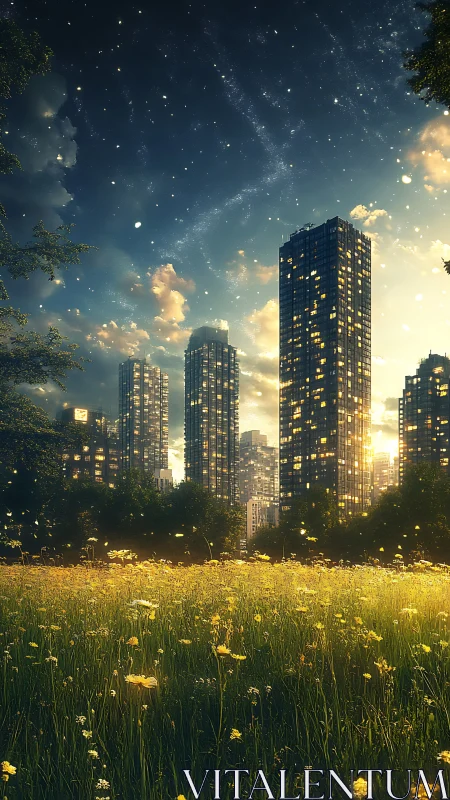 Urban high-rise skyline behind illuminated wildflower meadow.