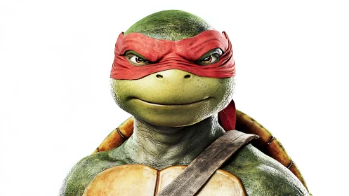 Anthropomorphic turtle figure with red mask on white background.
