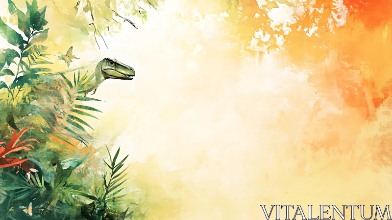 Curious jungle dinosaur peeking from bright sunset foliage.