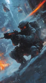 Armored soldier in futuristic city firefight at night