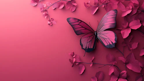 Pink butterfly rests amid stylized floral branches on pink field