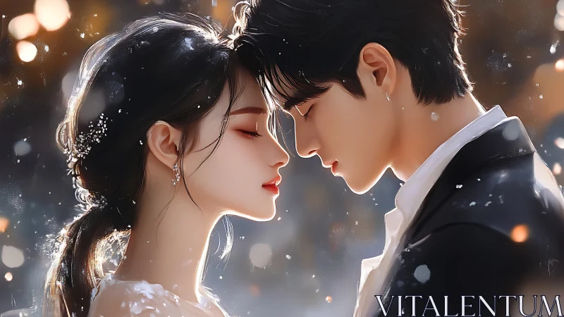 Two figures positioned in profile display intimate proximity with illuminated rendering.