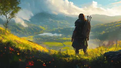 Lone wanderer pauses as sunrise paints the vast valley below