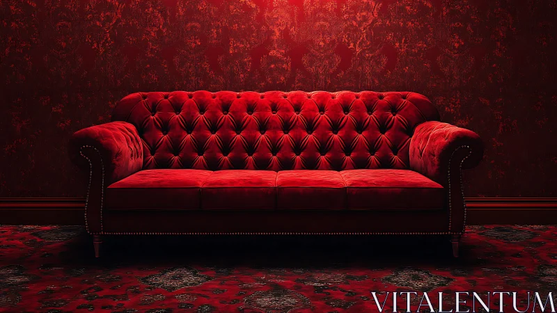Red velvet Chesterfield sofa glows in dramatic ambience.
