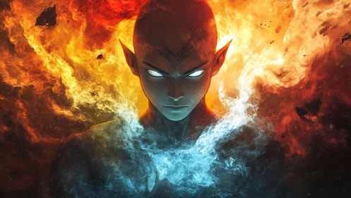 Elemental humanoid merges volumetric fire and smoke fields symmetrically