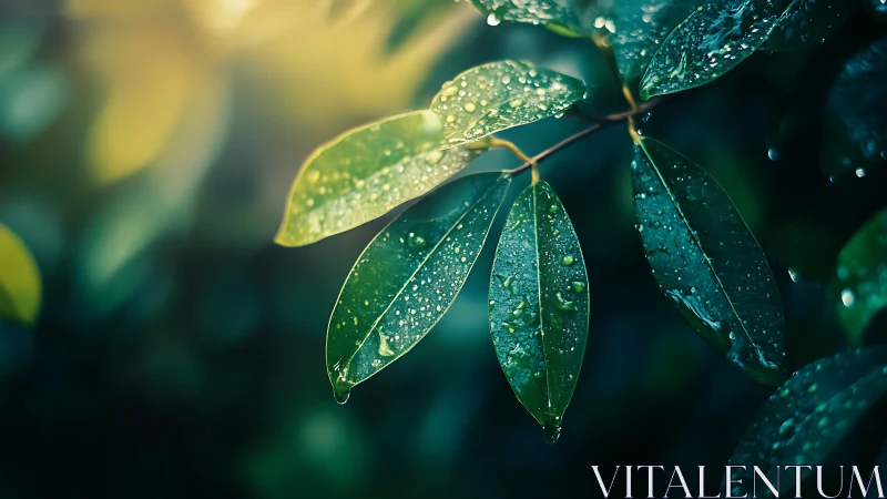 Rain-kissed green leaves glowing in soft morning light.