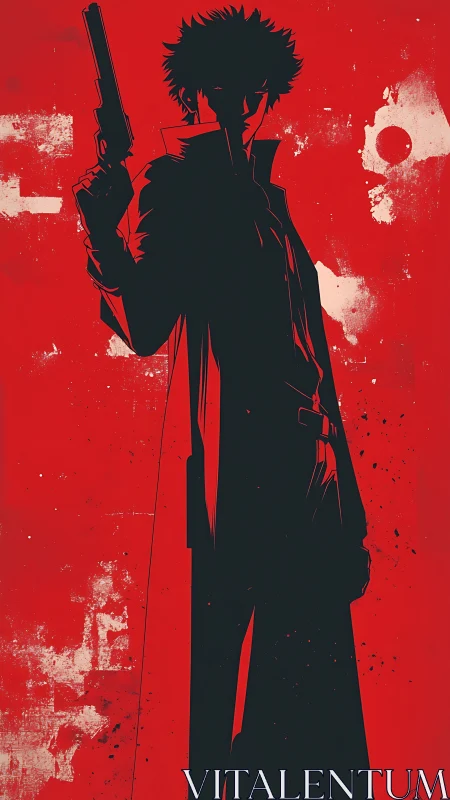 Noir gunman silhouette over distressed red backdrop.