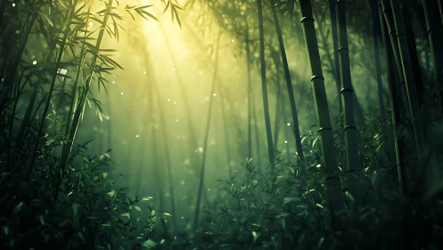 Digital painting of luminous bamboo grove with misted depth.