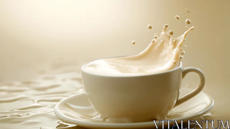 Creamy liquid splash captured in white ceramic teacup.
