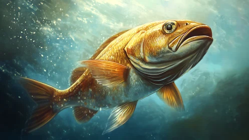 Golden game fish rendered in luminous underwater light.