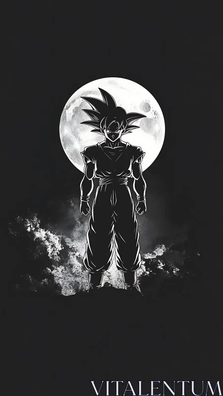 Silhouetted warrior stance under full lunar backlight.