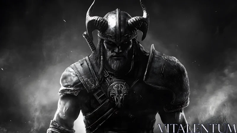 Horned armored warrior in dramatic monochrome portrait.