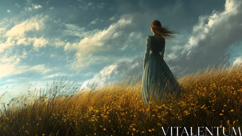 Quiet wanderer gazes across golden field beneath soft sky