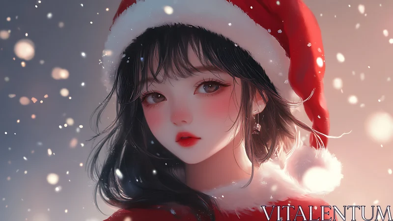 Anime girl in red Santa hat amid soft falling snow.